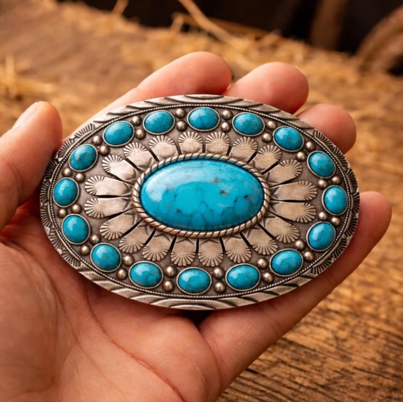 Turquoise Blue Color Accented Western Belt Buckle Silver or gold main image 13